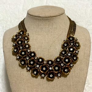 Flower bib necklace brass copper gold tone